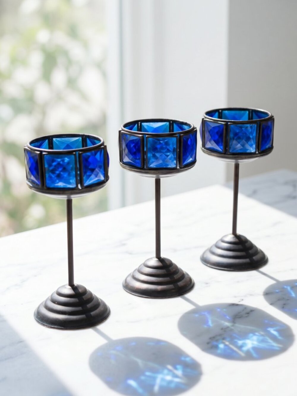 Vintage Set of 3 Long Stem Copper Metal Blue Tealight Candle Holders Home Decor